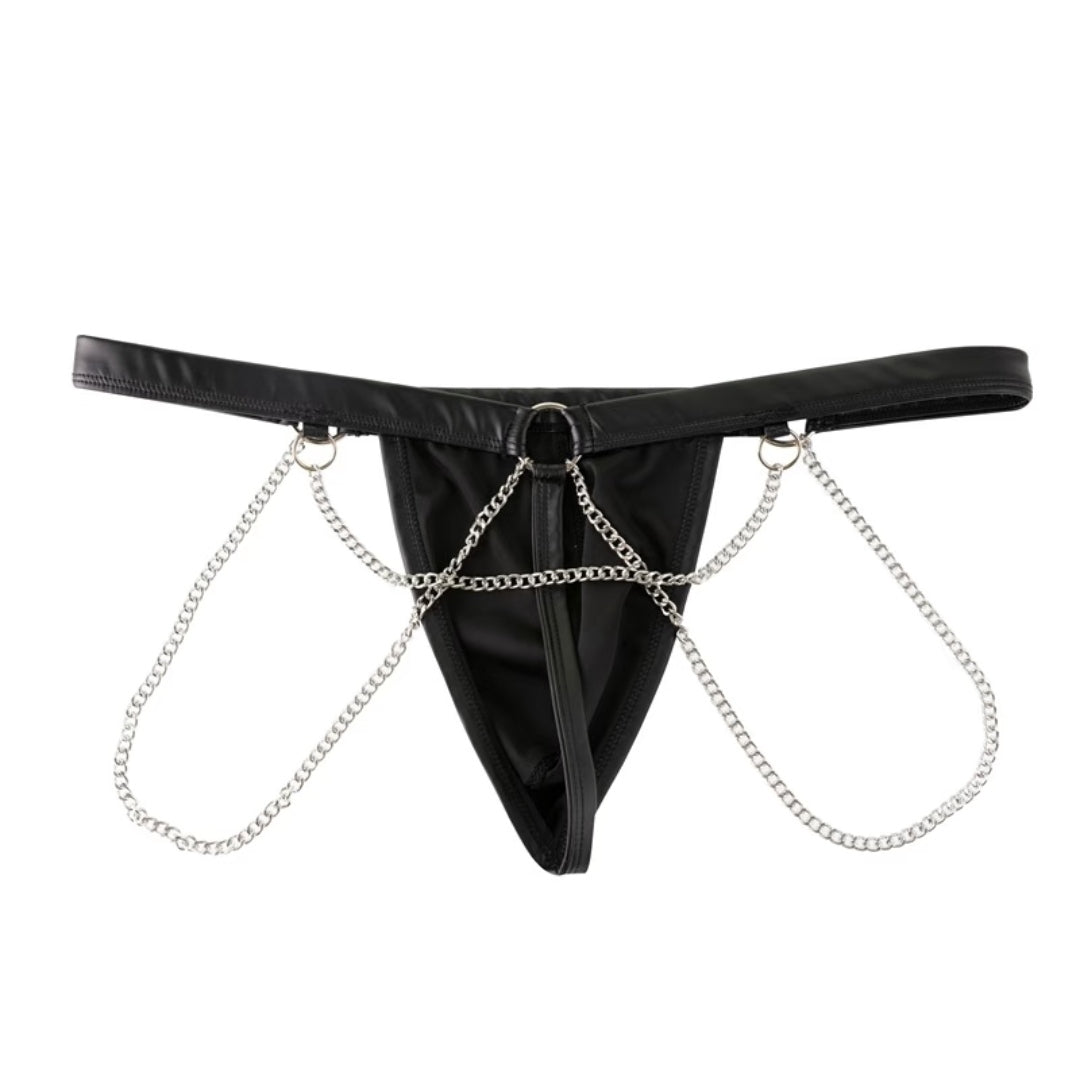 Men's Black Leather Chain Underwear