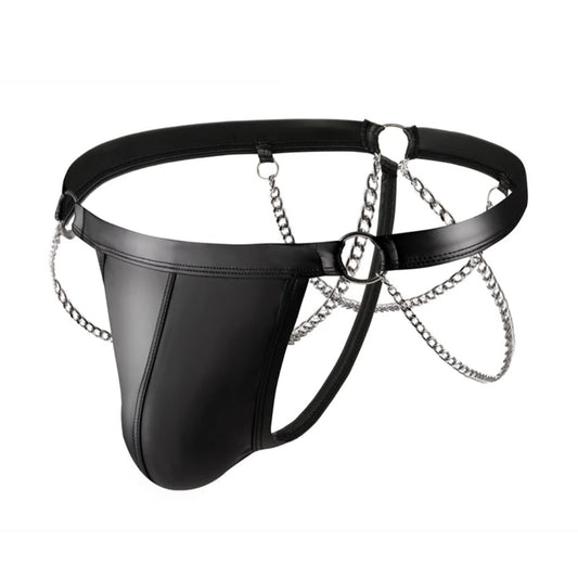 Men's Black Leather Chain Underwear